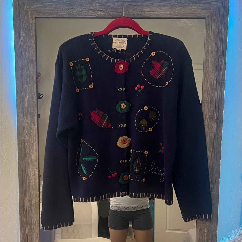 Gorgeous Navy Cardigan with Colorful Patchwork